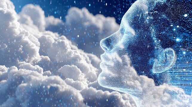 Digital alien face emerging from clouds in starry sky