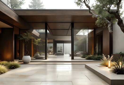Sunken Courtyard Entrance, Dark Smoked Walnut Timber Frame, Rift-Sawn White Oak,