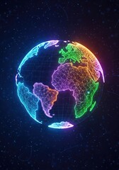 Fototapeta premium A luminous digital globe with radiant neon continents floats in a vibrant virtual space, symbolizing global connectivity and innovation, connectivity, rendering, luminous