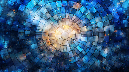 Naklejka premium Vibrant blue and gold circular mosaic pattern resembling starry night sky, evoking sense of wonder and tranquility