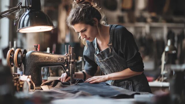 Skilled female dressmaker creates a custom fabric garment in a charming workshop filled with sewing tools, showcasing craftsmanship and attention to detail