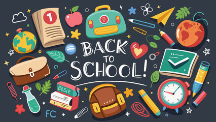 Fototapeta premium Vector illustration of “Back To School” on chalkboard background, doodle icons like books, pencils, ruler, backpack, chalk style drawings, education concept