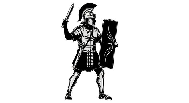 Ancient Roman Soldier Warrior with Sword and Shield, Black and White Illustration