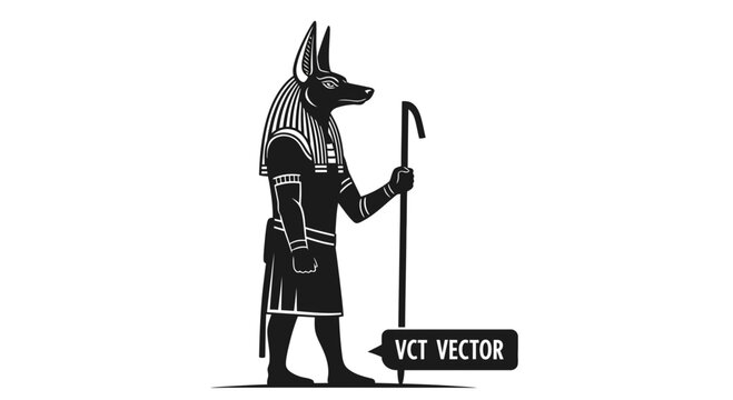 Anubis Egyptian God Vector Silhouette, Jackal Headed Deity Holding Staff
