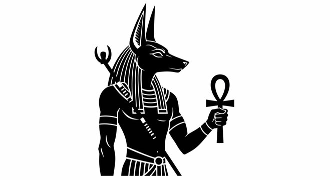Black Silhouette of Anubis, Egyptian God of Mummification, Holding Ankh Symbol