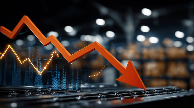 Economic Downturn: An arresting visual of a downward-trending arrow plunges amidst a dark, industrial backdrop, capturing the essence of economic decline.