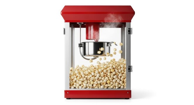Classic red vintage popcorn maker with glass panels and a metal kettle, filled with freshly popped kernels, isolated on a white background, leisure, party, fair