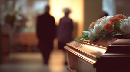 Naklejka premium Funeral ceremony with coffin and flowers and people in background, representing mourning, loss and remembrance.