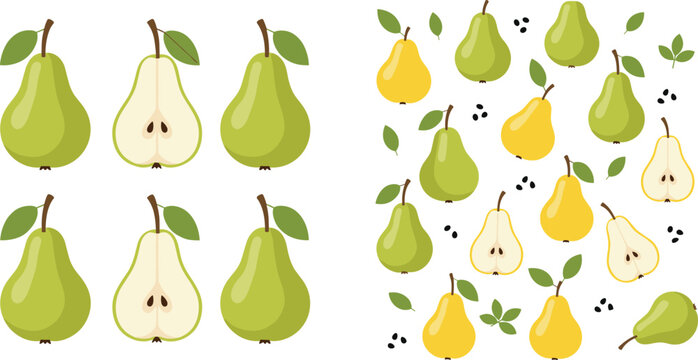 Pear vector set with whole and sliced green fruits. Collection with leaves and seeds. Flat organic food illustration for healthy lifestyle, packaging, and market design.