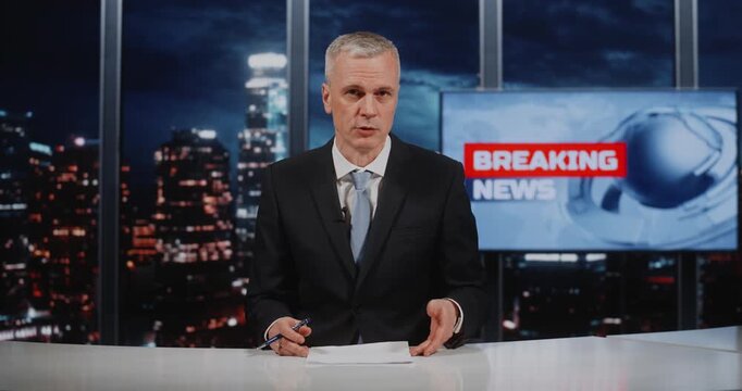 Serious Grey Haired Man Journalist in Blue Tie Sitting at White Desk With Papers, Presenting Information. Concept of Media Broadcasting, Professional Portrait Against Blurred Urban Nighttime Vista.