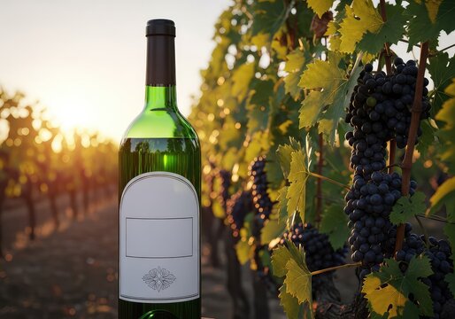 Garrafa de vidro verde elegante com r&oacute;tulo branco limpo posicionada em destaque diante de videiras carregadas sob a luz suave do entardecer, nature, wooden, landscape
