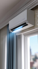 Plakat Wall-mounted air conditioner cooling a modern interior with visible airflow, representing home climate control, energy efficiency, indoor comfort, and residential HVAC technology.