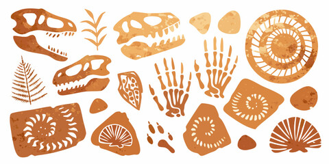 Watercolor illustration of dinosaur fossils plants and prehistoric artifacts © RanjanKumar