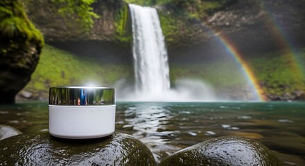 Fototapeta premium White jar with silver lid on wet rocks by a waterfall with a rainbow