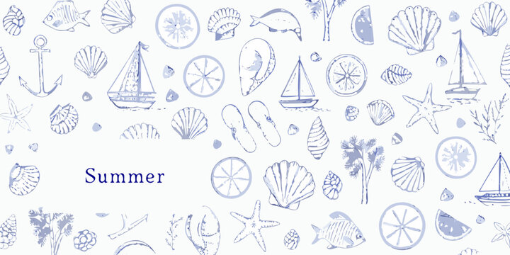 Nautical summer pattern featuring seashells boats and marine life sketches