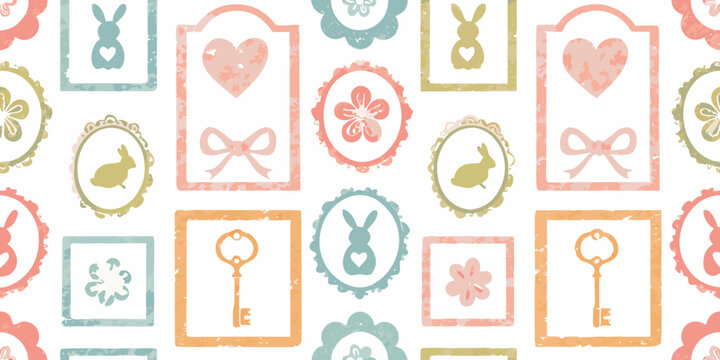 Seamless pattern of vintage frames with easter bunny and floral motifs