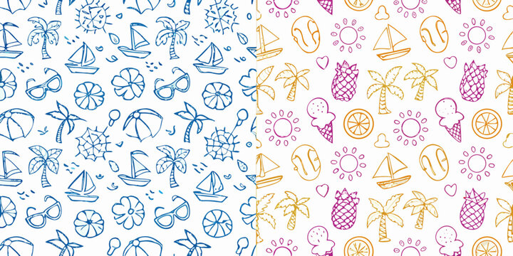 Summer themed doodle pattern with tropical elements and beach objects