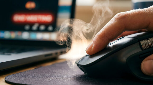 Hand clicking mouse burning out from stress