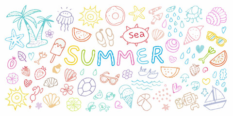 Obraz premium Colorful hand drawn summer doodles including beach items and tropical elements