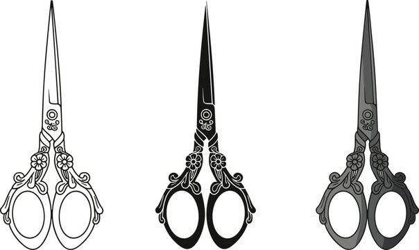 Vintage ornate scissors set with decorative handles isolated, flat vector illustration for tailoring craft, sewing tools, barber equipment and antique design