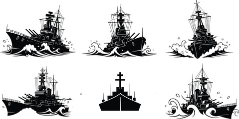 Vintage ship silhouette set, sailing vessel illustrations, ocean waves design, maritime transport icons, nautical adventure theme, classic boat vector collection © Anamul Arafat
