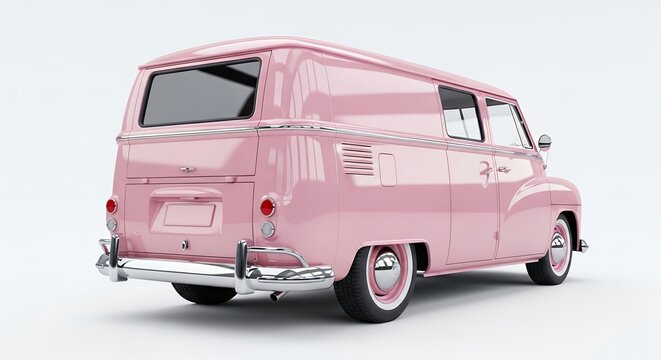 Pink retro van isolated on white background transportation concept