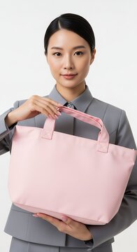 Professional Asian woman holding a pink tote bag, looking at the camera with a confident expression.
