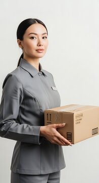 Professional Asian Woman in Grey Uniform Holding a Cardboard Box.