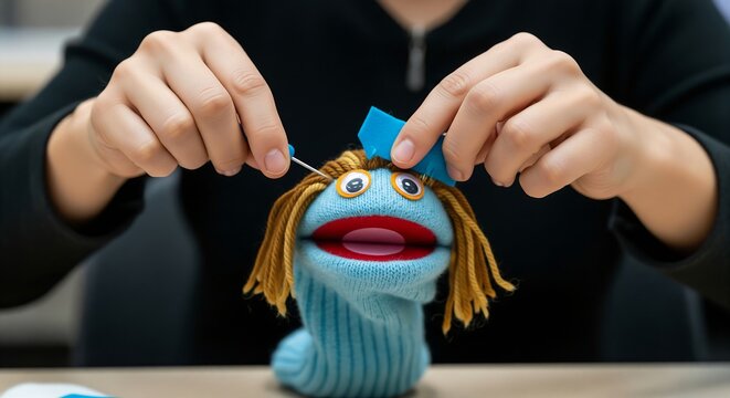 Hands rapidly sewing or gluing felt pieces onto a sock to create a hand puppet. Medium shot showing the character coming to life with "googly eyes" and yarn hair in a theater classroom.