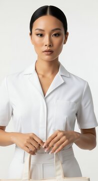 Professional woman in white uniform looking directly at the viewer