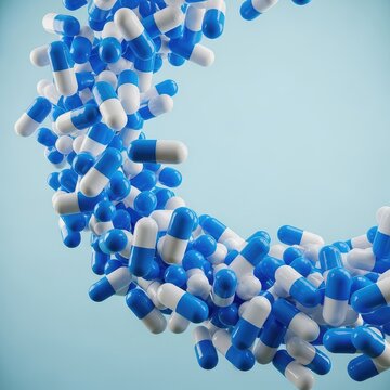 A dynamic composition of numerous blue and white medical capsules cascading through the air against a soft pastel light blue background, science, drug, treatment