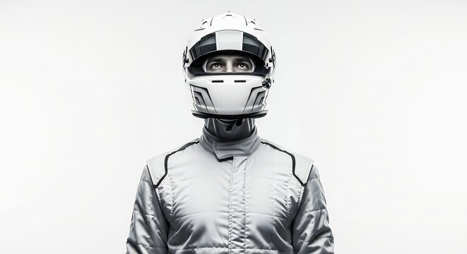Racing driver in white helmet and suit against neutral background