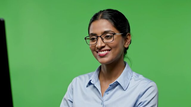 Smiling woman with glasses in professional setting against green background