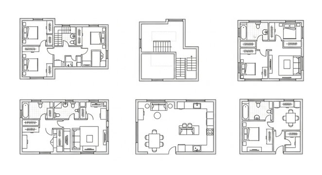 Collection of Detailed Architectural Floor Plans for Residential Buildings.