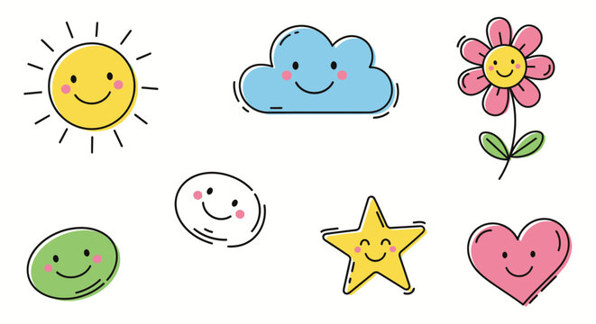 Funny cartoon easter eggs set with flowers under sunny sky with clouds vector illustration