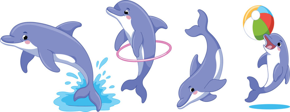 Cute dolphin cartoon character set, funny sea animals jumping and playing isolated on white background vector
