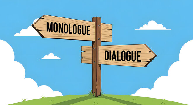 Wooden sign pointing in two directions for different speech styles