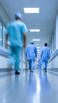Medical staff walking quickly through hospital corridor with motion blur, representing healthcare urgency and teamwork.