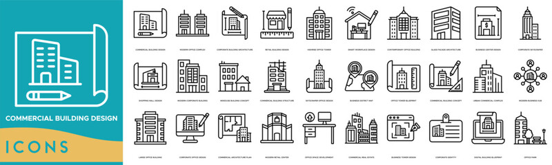 Commercial Building Design icon set, Modern Office Complex, Corporate Building Architecture, Retail Building Design, Highrise Office Tower and Smart Workplace Design © hajicon
