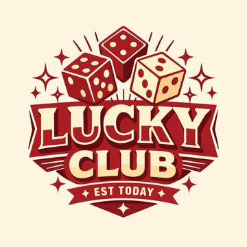 Lucky club logo design featuring illustrated casino dice and vintage typography suitable for gaming businesses and stylish brand identity projects