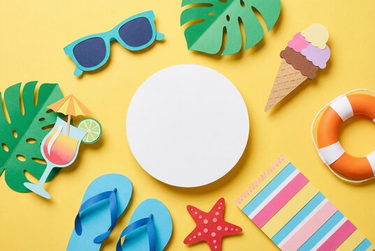 Colorful paper cutouts of summer vacation items arranged around a white circle