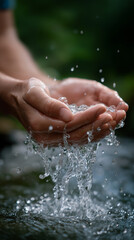 Fototapeta premium Hands washing under running water outdoors with splashes, representing hygiene and cleanliness concept.