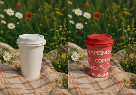 Coffee Cups Mockup In Blooming Meadow PSD