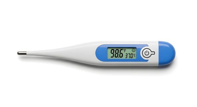 Digital Medical Thermometer Reading 98.6&deg;F 37.0&deg;C on White Background
