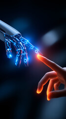 Naklejka na ściany i meble Human and robotic hands touching fingers symbolizing connection between technology and humanity in futuristic concept