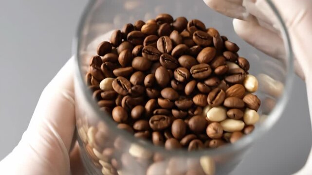 Coffee beans and assorted nuts in glass container, gray backdrop