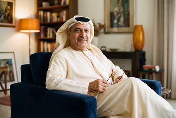 Obraz premium Portrait of a senior arab man in traditional dress sitting in an armchair at home