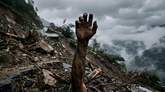 Survivor Reaching Out From Mudslide Debris Dramatic Mountain Landscape Overcast Sky Gloomy Atmosphere