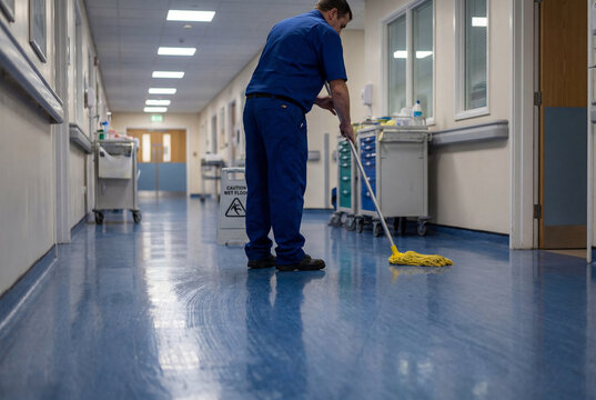 Male janitor mopping a reflective blue floor in a long hospital corridor