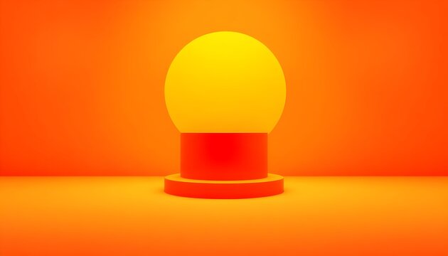 A large yellow sphere sits on a short red cylinder on a vibrant orange background indoors.
